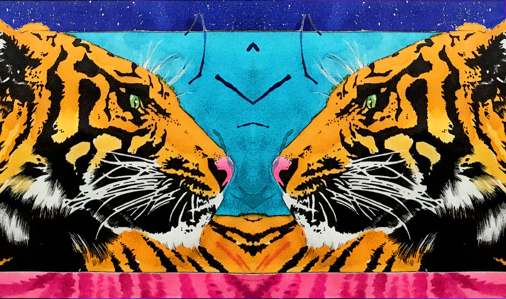 Drawing of two colorful tigers facing each other in mirror image, thinking.